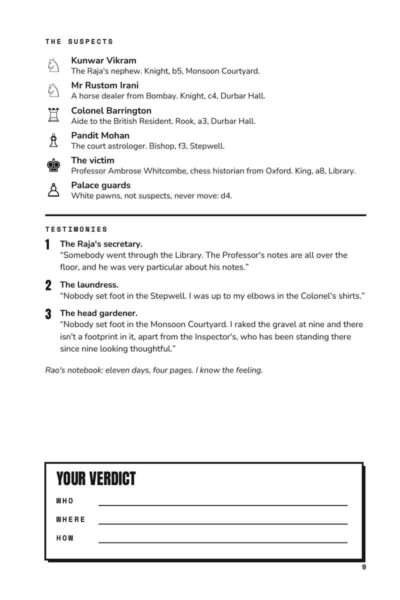 Case 01, right page: suspects, testimonies and verdict